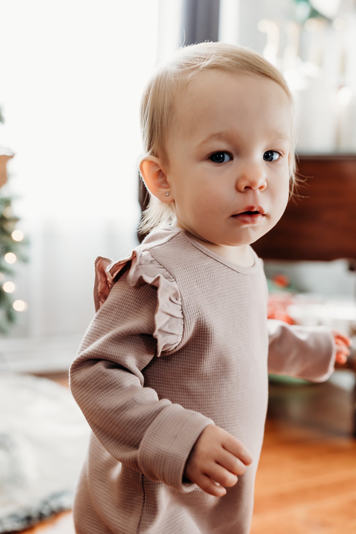 Waffle flutter sleeve Romper in Lilac