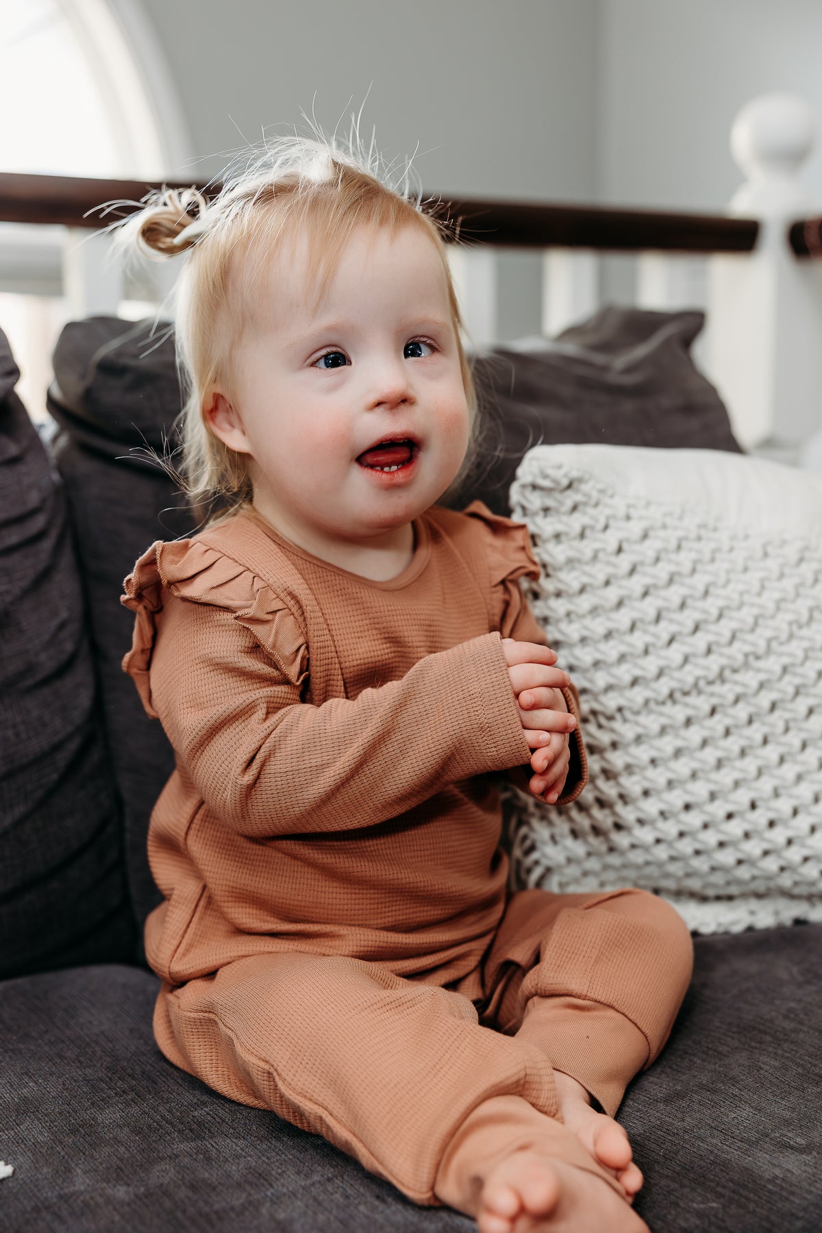 Waffle flutter sleeve romper in Cedar